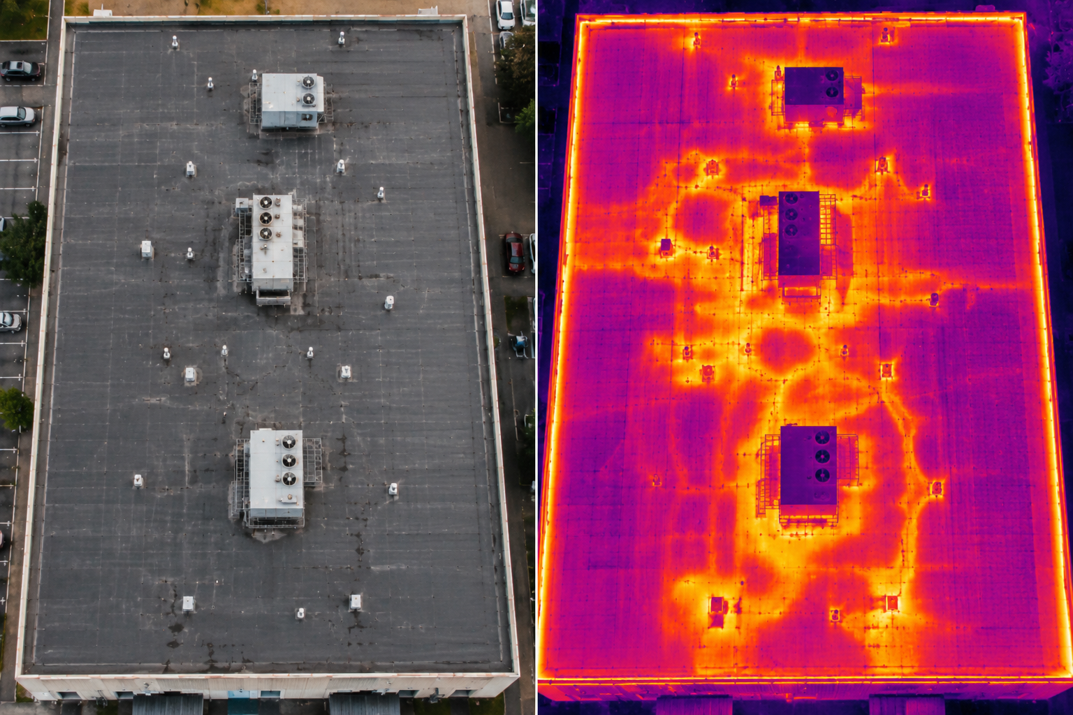 Thermal aerial roof scan showing moisture intrusion area