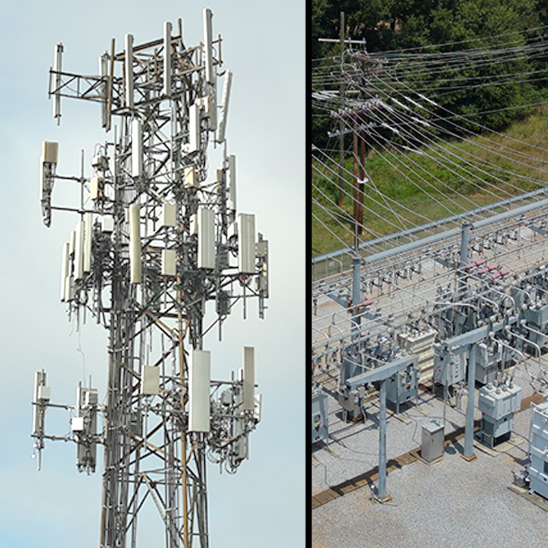 Aerial visual and thermal shot of a cell tower and transmission structure