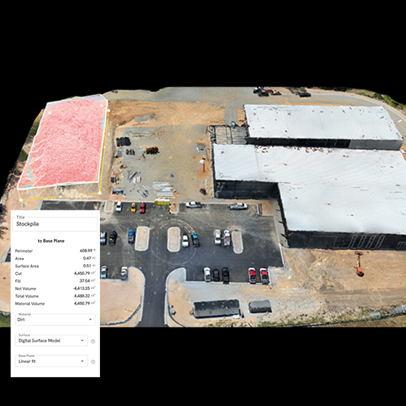 Aerial construction site mapping model showing a material stockpile