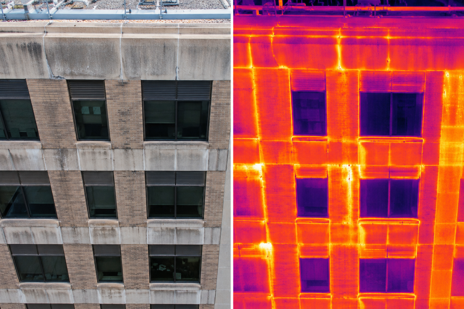 Radiometric thermal comparison showing facade water intrusion