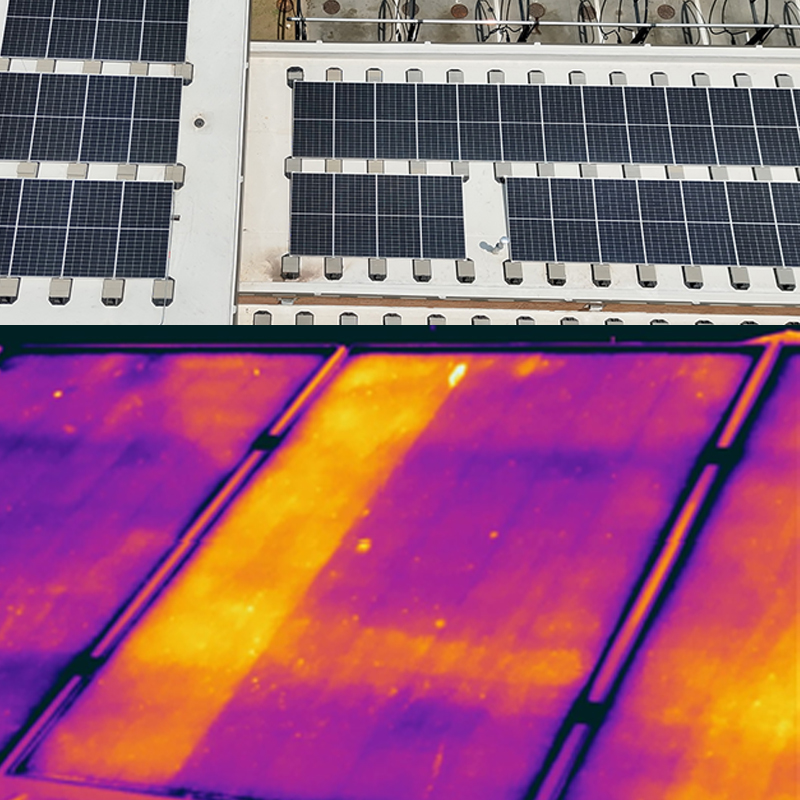 Thermal image of a solar array highlighting an underperforming panel